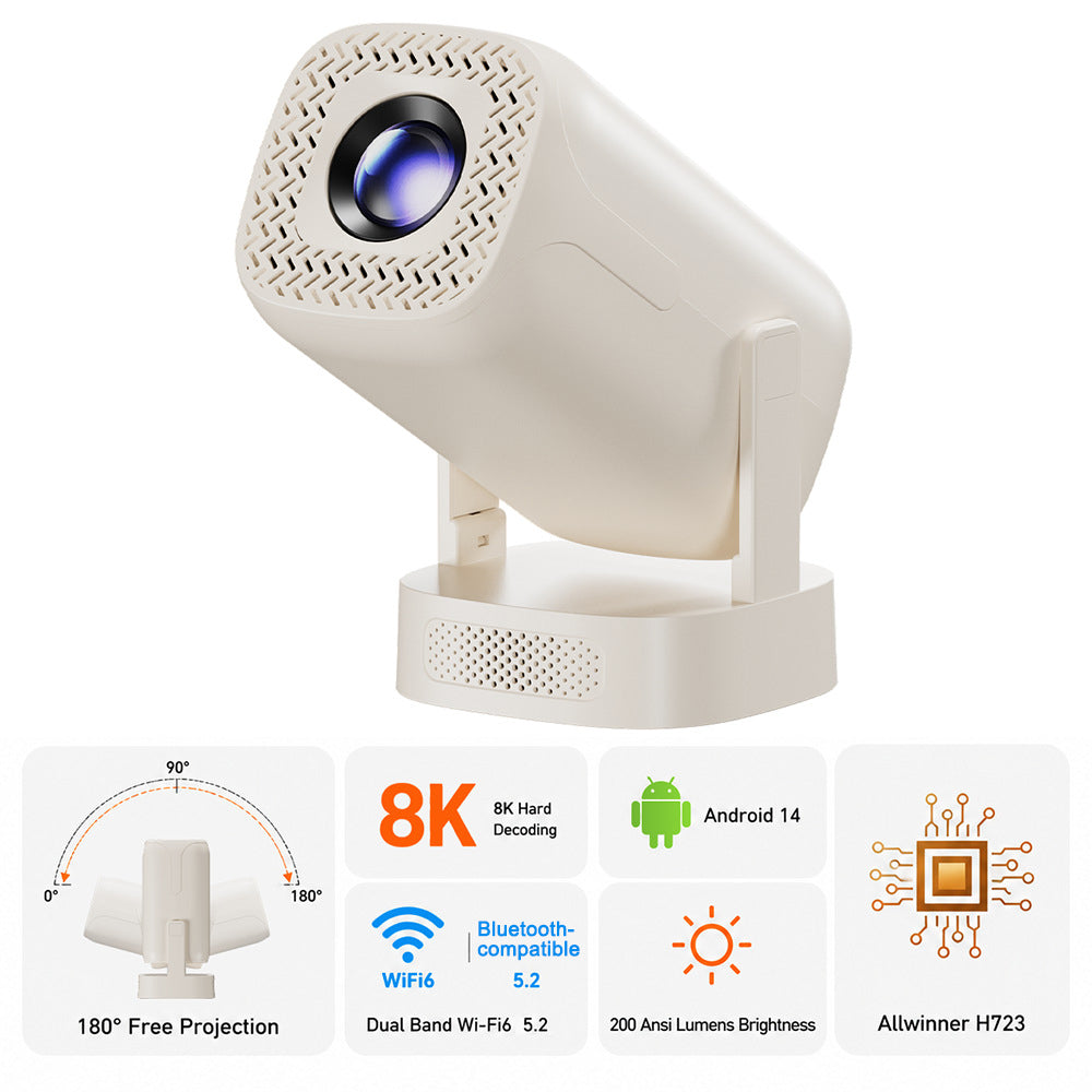V5 Portable Smart Projector 8K Video Decoding Android 14 Dual Band WiFi6 Bluetooth-compatible 5.2 KTV Karaoke Home Theater