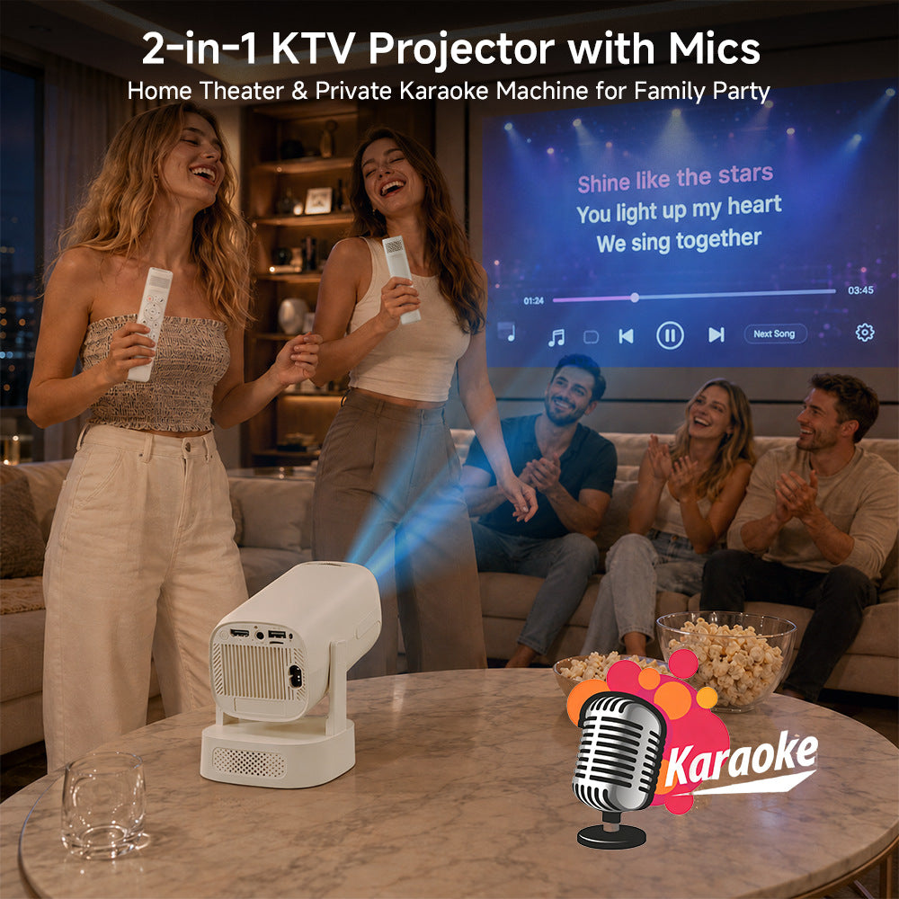 V5 Portable Smart Projector 8K Video Decoding Android 14 Dual Band WiFi6 Bluetooth-compatible 5.2 KTV Karaoke Home Theater