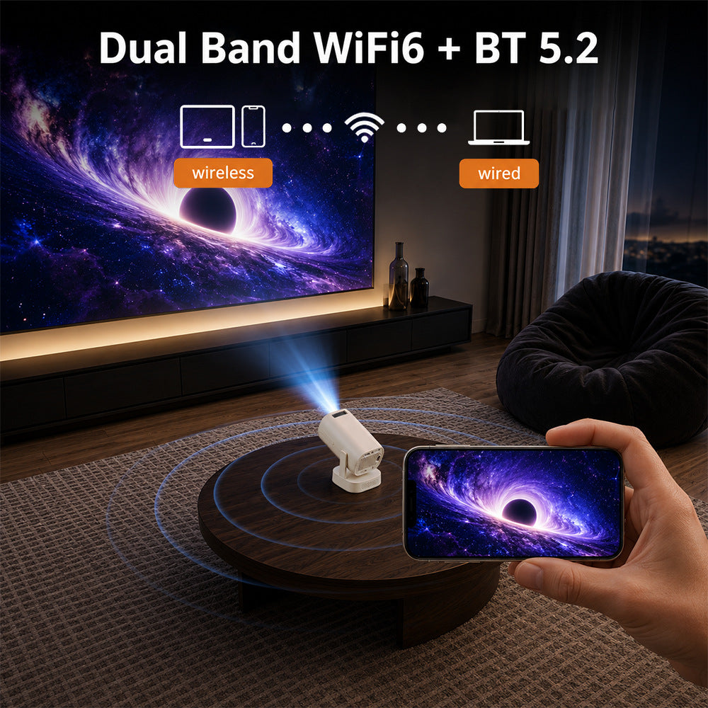 V5 Portable Smart Projector 8K Video Decoding Android 14 Dual Band WiFi6 Bluetooth-compatible 5.2 KTV Karaoke Home Theater