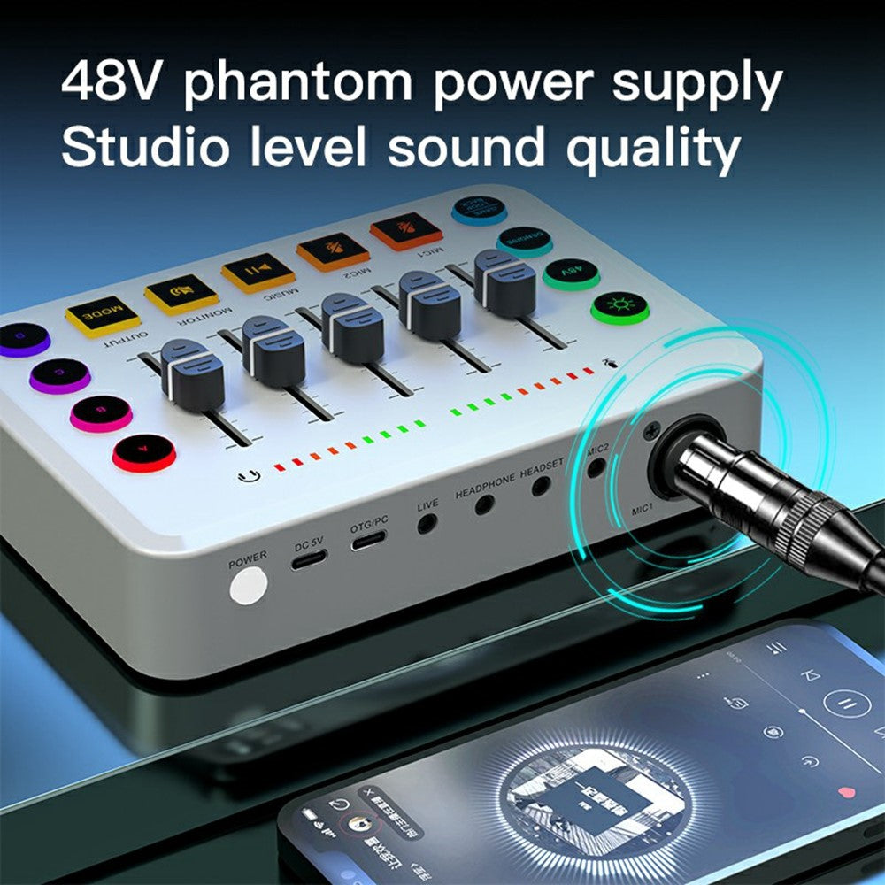 F9 Sound Card for Live Streaming Professional Audio Mixer with 48V Phantom Power Voice Changer RGB Lights