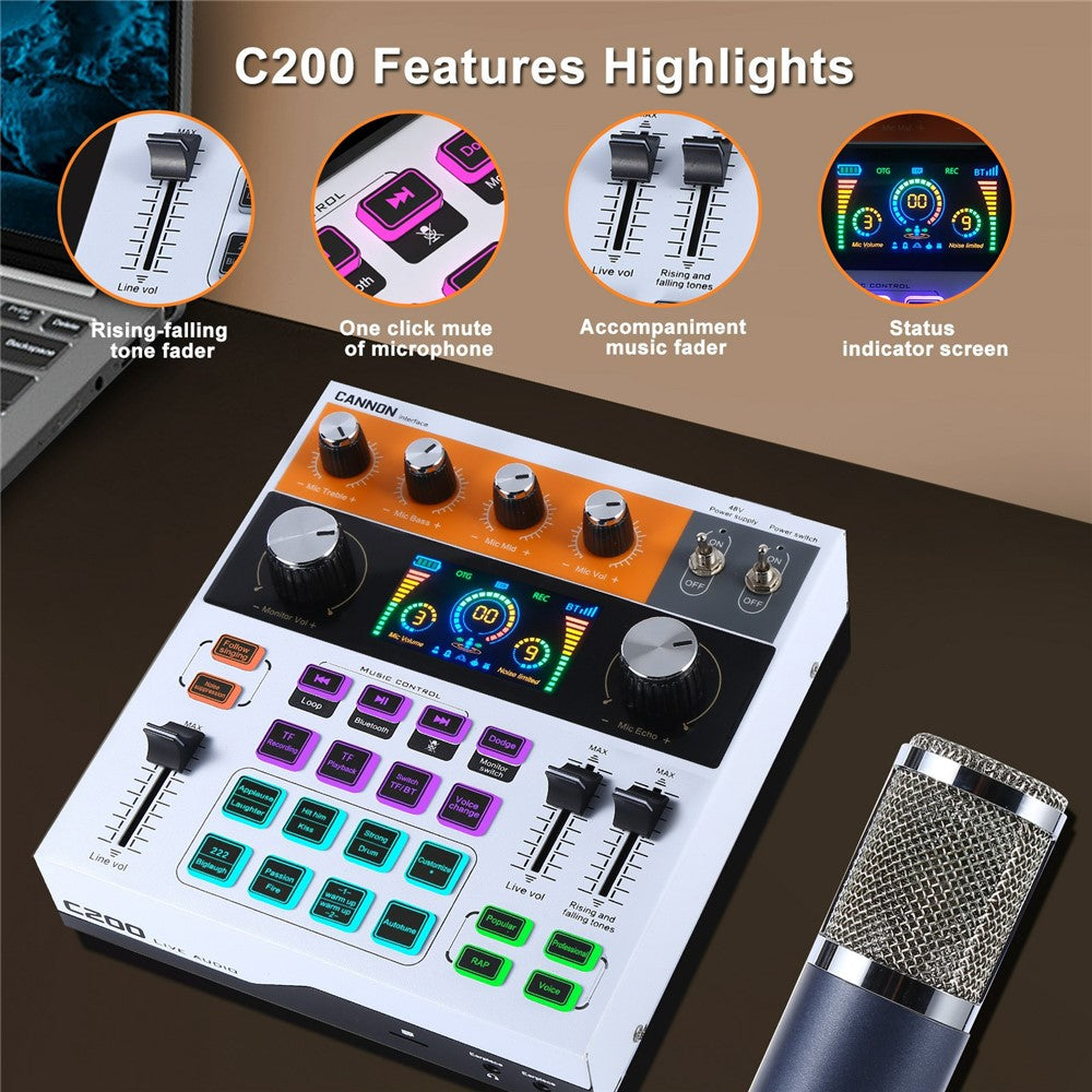 C200 Audio Mixer Sound Card Bluetooth-Compatible Adjustable Mixing Console for Live Streaming / Singing