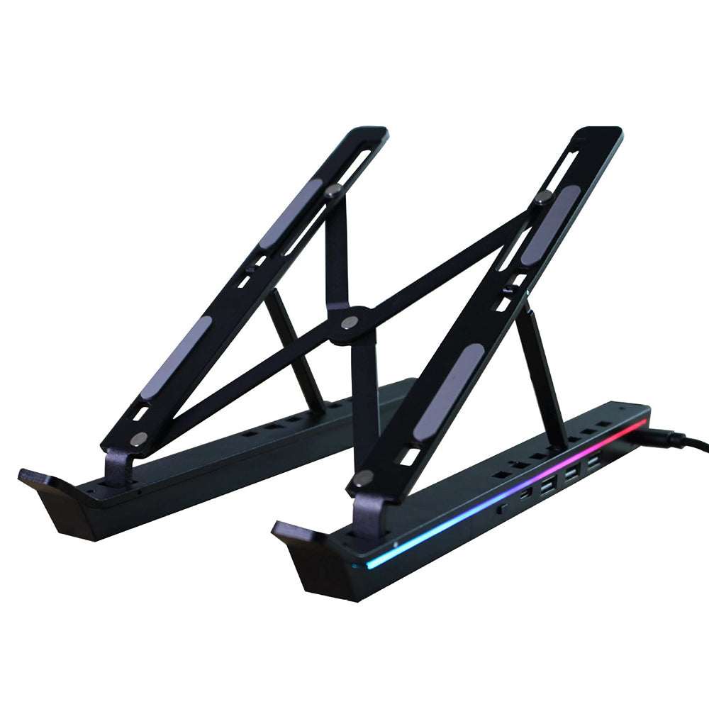 6 højdejusterbar laptopstander med RGB-baggrundsbelyst USB-hub i aluminiumlegering, sammenklappelig notebookholder