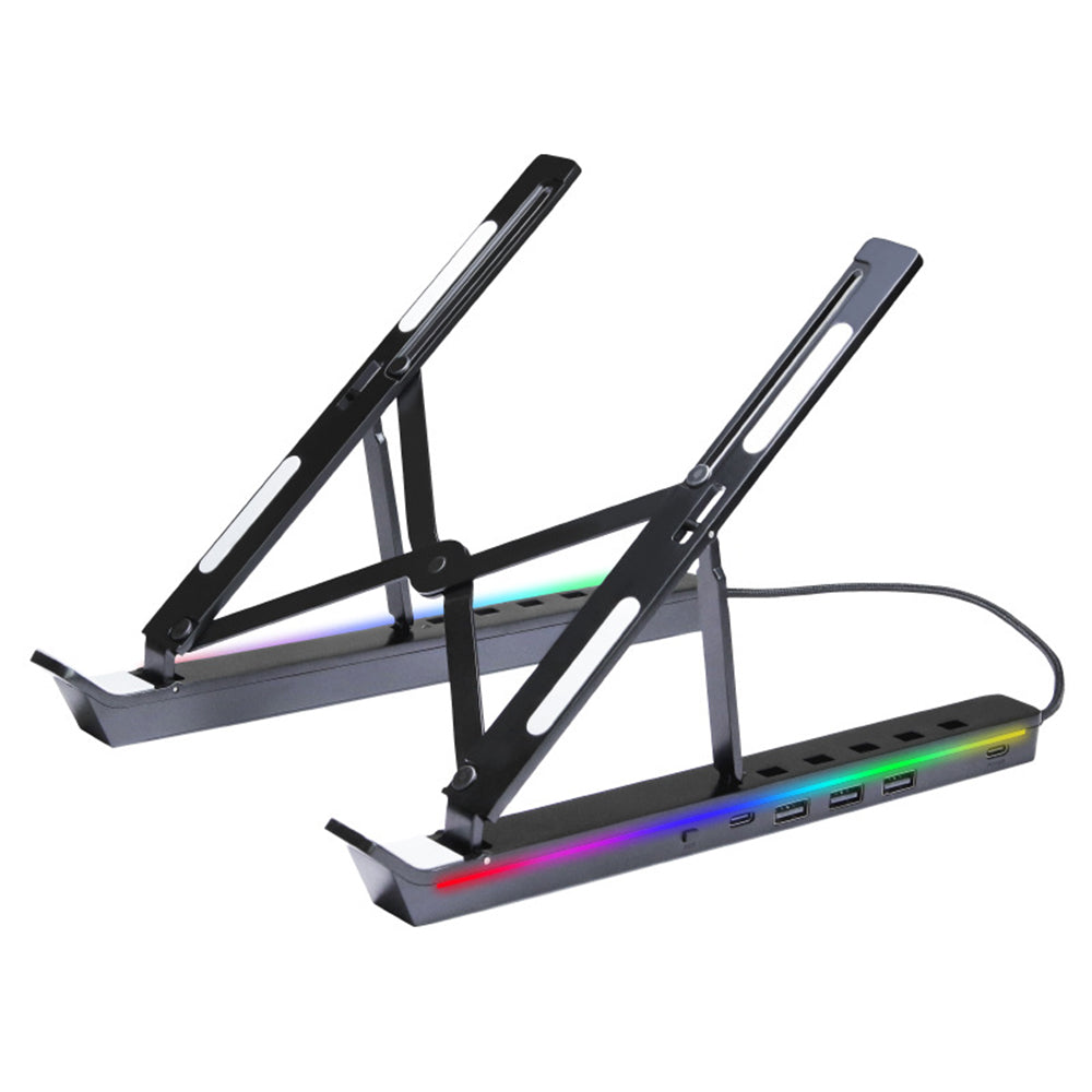 6 højdejusterbar laptopstander med RGB-baggrundsbelyst USB-hub i aluminiumlegering, sammenklappelig notebookholder