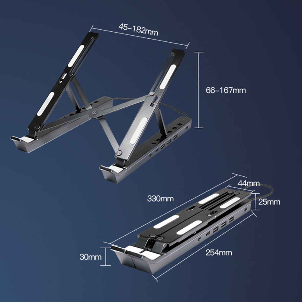 6 højdejusterbar laptopstander med RGB-baggrundsbelyst USB-hub i aluminiumlegering, sammenklappelig notebookholder