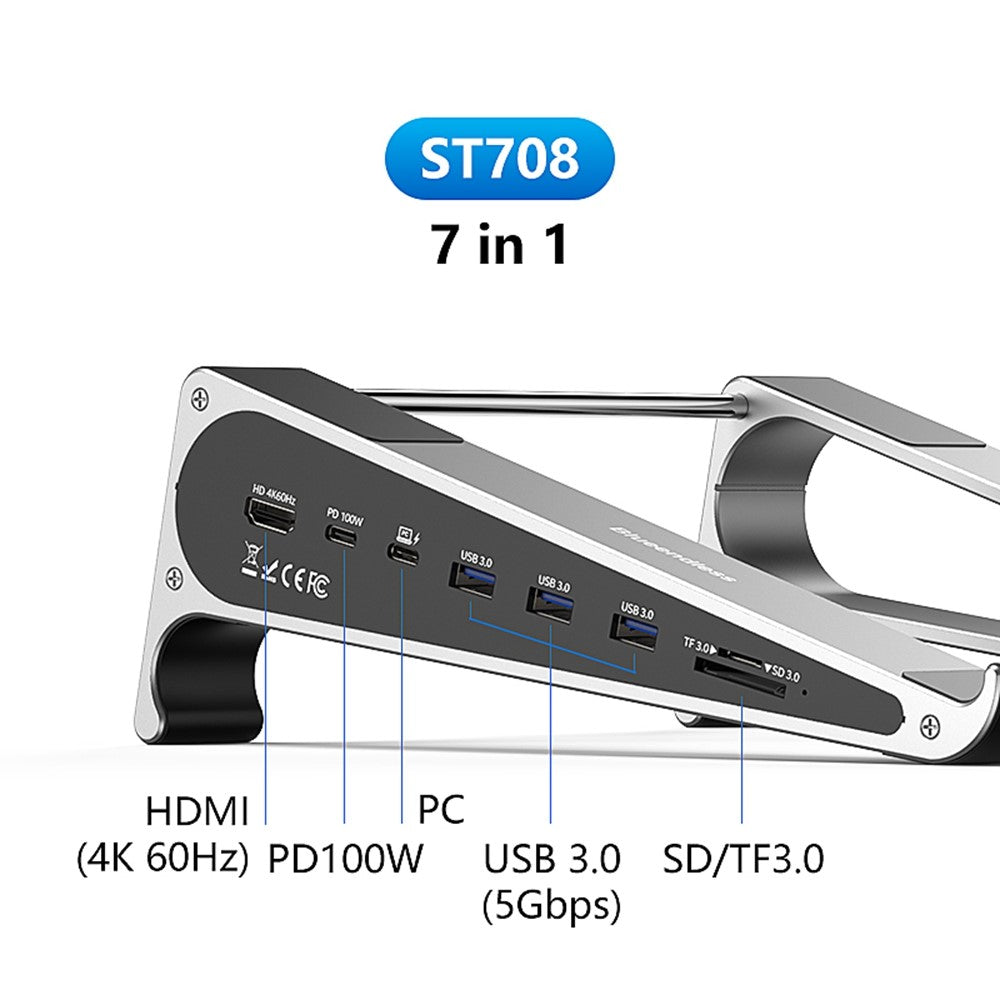 BLUEENDLESS ST708 7 in 1 Laptop Stand Riser Type-C Hub with 4K 60Hz HD + PD 100W + 3 USB 3.0 + TF Card Reader