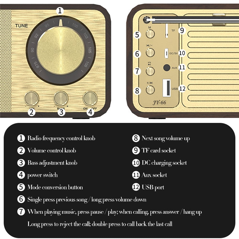 JY-66 Retro Trä Trådlös Bluetooth-kompatibel 5.0 Högtalare Super Bass Subwoofer FM-radio Stödjer TF-kort U Disk Aux In (CE-certifierad)
