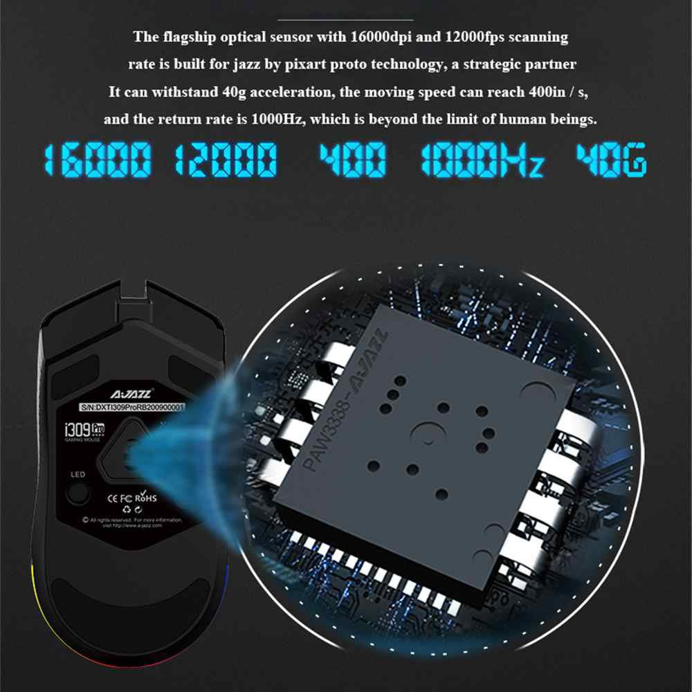 AJAZZ i309Pro Dual Mode 2.4G Wireless Rechargeable Gaming Mouse 8 Keys RGB Light 16000DPI Computer Laptop Mice