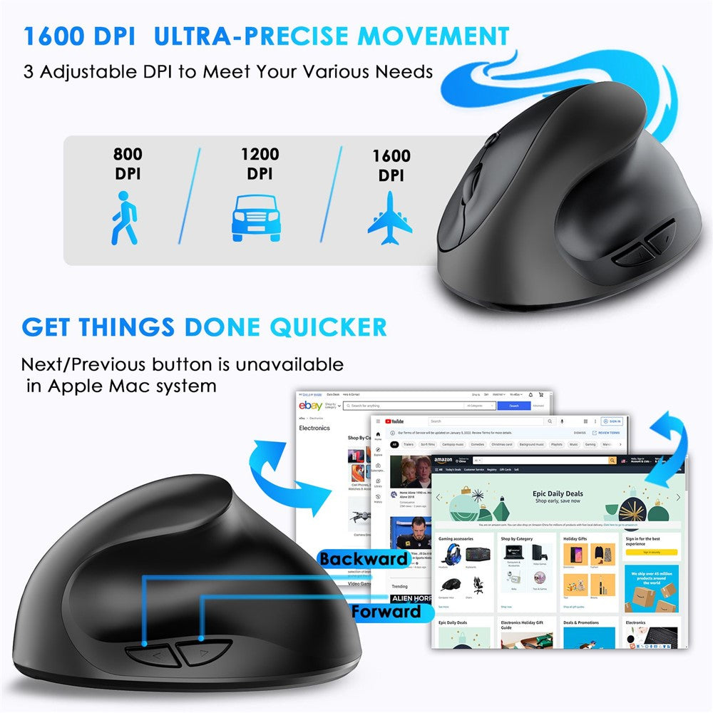 E11 2.4G Wireless Mouse Portable Vertical Ergonomic Mouse with 6 Keys/3 Adjustable DPI (Dry Battery Version)
