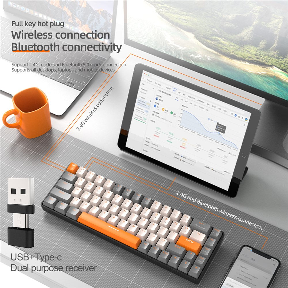 ZIYOULANG K68 Trådløst Mekanisk Tastatur 2.4G / Bluetooth-kompatibel Dual Mode 68-tasters Tastatur
