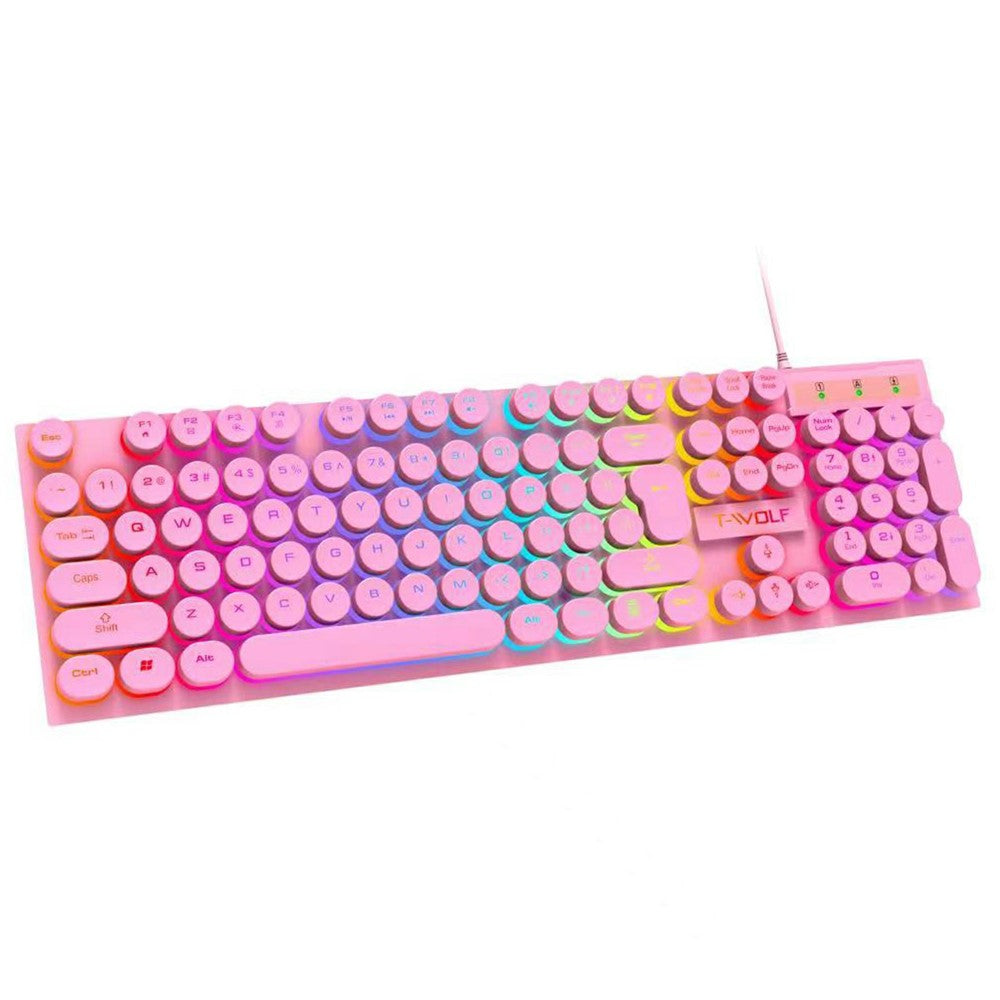 T-WOLF T80 Gaming Keyboard Retro Punk Round Keycap Wired Mechanical Keyboard with Colorful Backlight