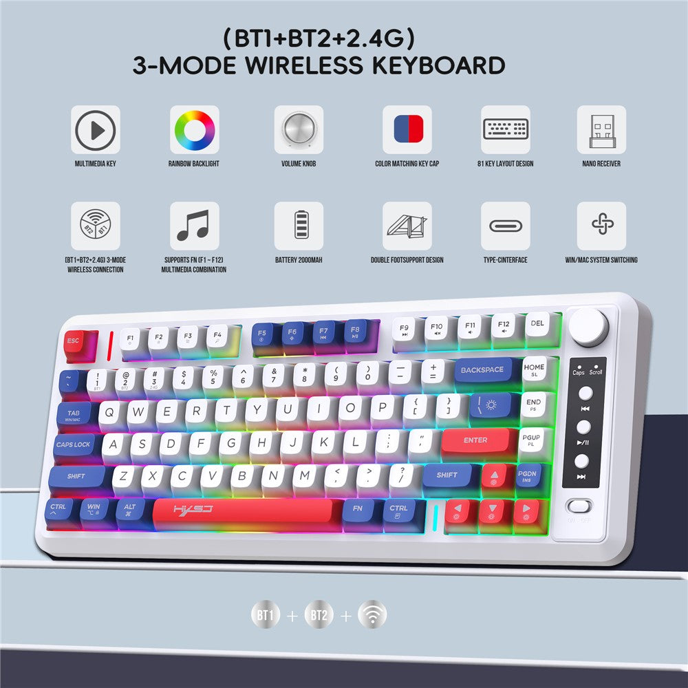 HXSJ L400 81 Keys Membrane Keyboard 2.4G + Bluetooth-compatible Tri-Mode Wireless Keyboard with RGB Backlit