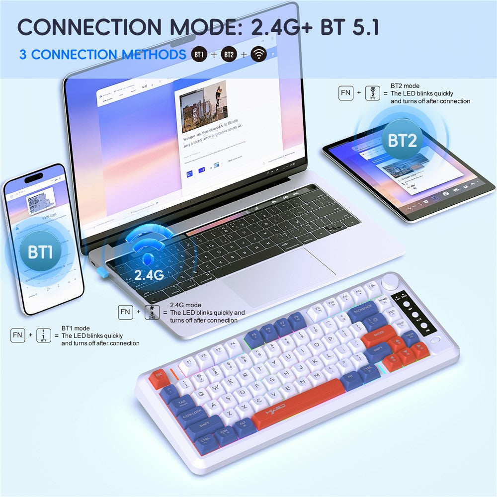 HXSJ L400 81 Keys Membrane Keyboard 2.4G + Bluetooth-compatible Tri-Mode Wireless Keyboard with RGB Backlit