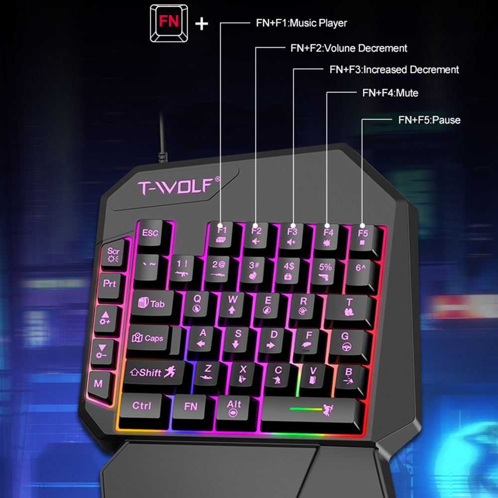 T-WOLF TF900 Gaming Tastatur 40 Taster Enhånds Mekanisk Følelse Programmerbart Tastatur med RGB Baggrundsbelysning til Venstre Hånd