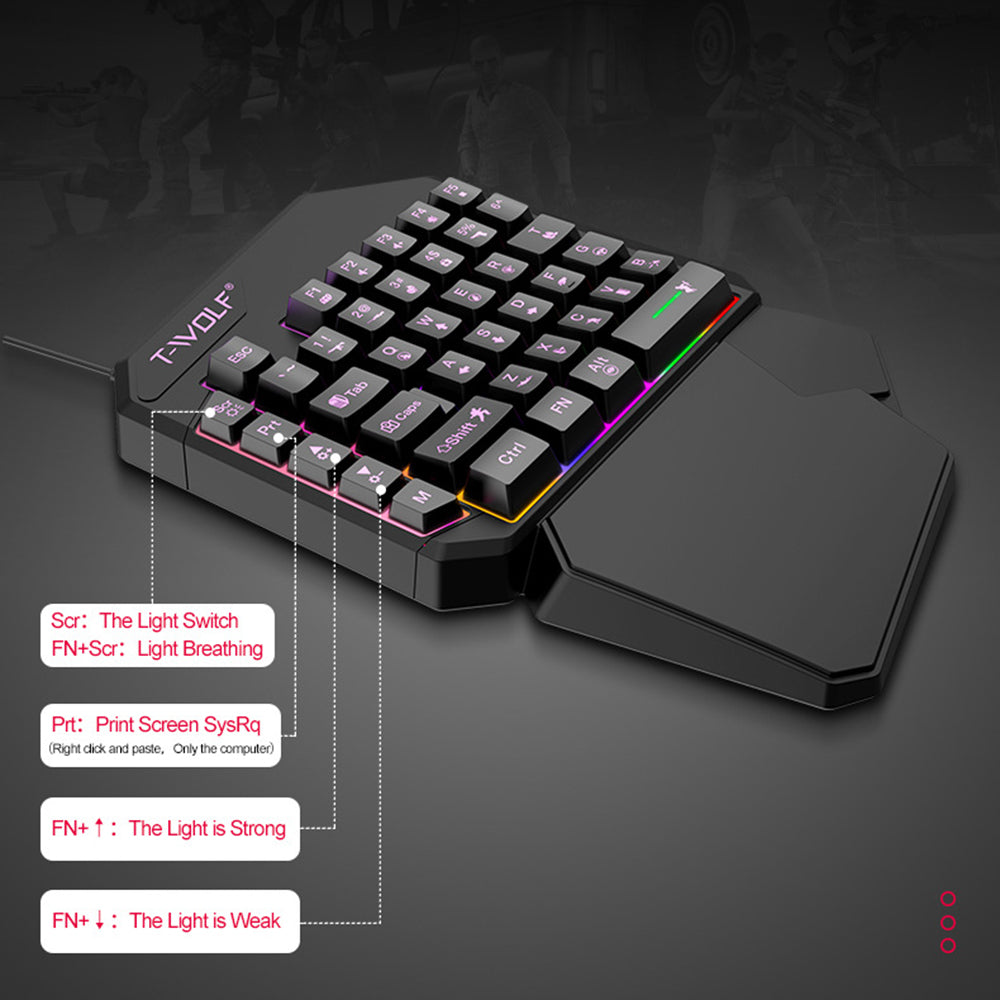 T-WOLF TF900 Gaming Tastatur 40 Taster Enhånds Mekanisk Følelse Programmerbart Tastatur med RGB Baggrundsbelysning til Venstre Hånd