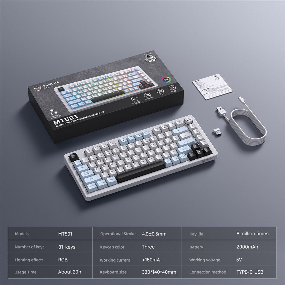 ONIKUMA MT501 Gamingtastatur med 81 taster, 3-tilstands trådløs 2.4G Bluetooth-kompatibel Type-C RGB Baggrundsbelyst PC-tastatur