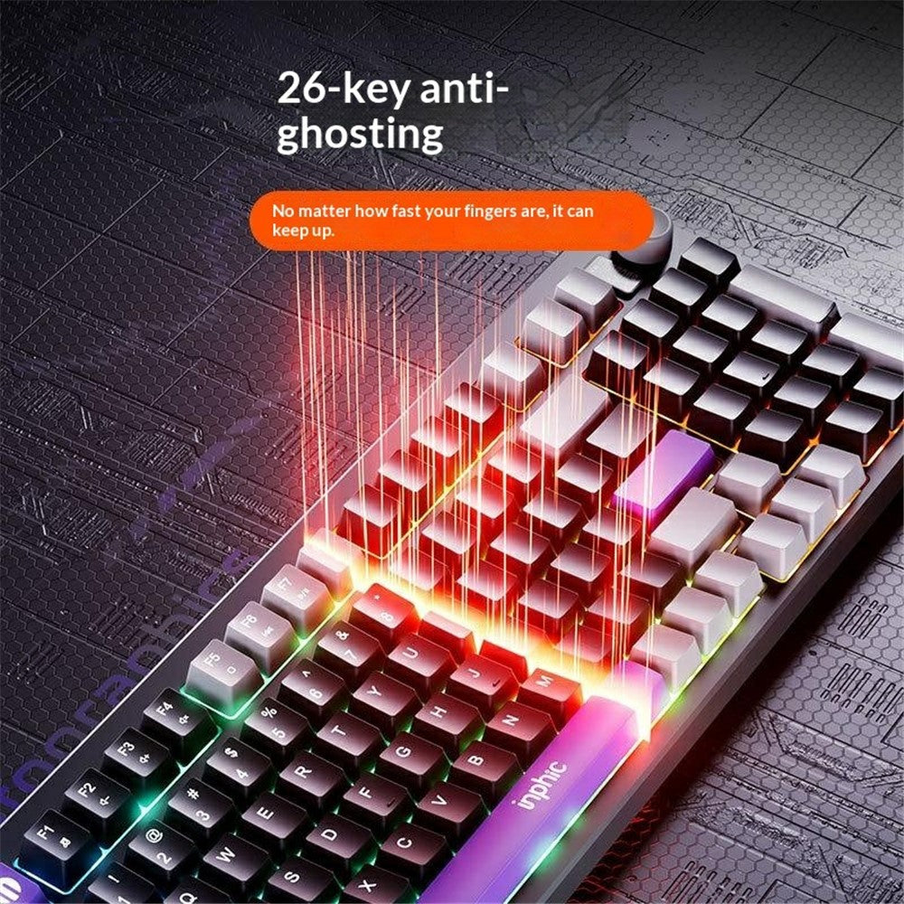 INPHIC V98PRO Wired Keyboard 98-Key Mechanical Feel Membrane Keyboard with RGB Backlit for Office Gaming