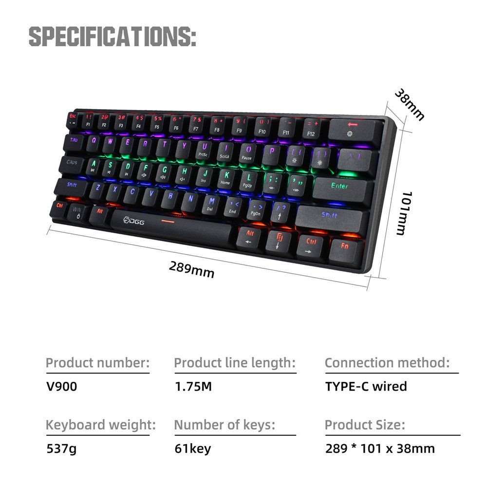HXSJ V900 Wired 61 Keys Colorful Backlit Computer Laptop Home Office Gaming Blue Switch Mechanical Keyboard