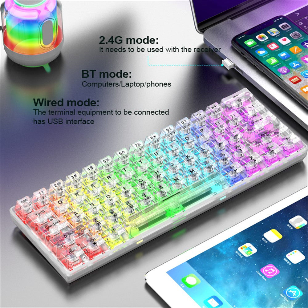 XUNFOX K30 Pro Tre tilstande Transparent Mekanisk Tastatur Hvid Akse 61 Taster Gaming Tastatur med RGB-Baggrundsbelysning