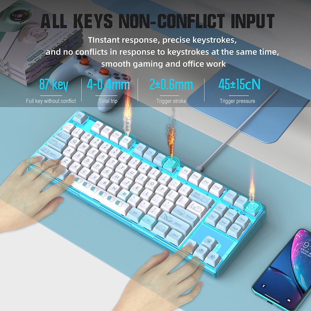 HXSJ L600 Tastatur med tegneseriemønster, 87 taster, mekanisk tastatur, ergonomisk kablet gamingtastatur