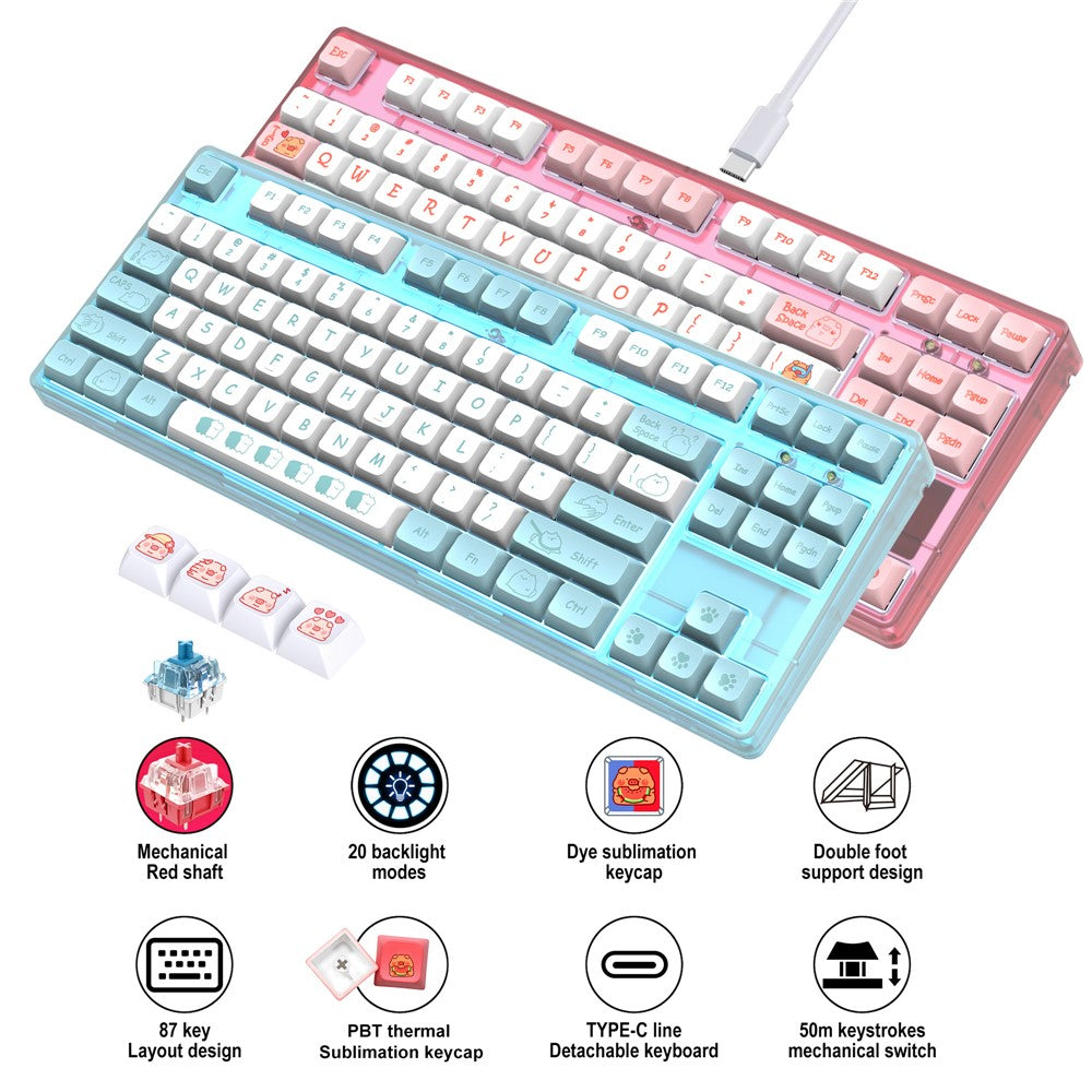 HXSJ L600 Tastatur med tegneseriemønster, 87 taster, mekanisk tastatur, ergonomisk kablet gamingtastatur
