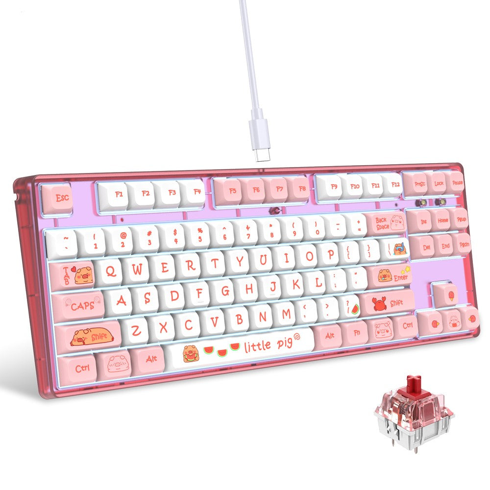 HXSJ L600 Tastatur med tegneseriemønster, 87 taster, mekanisk tastatur, ergonomisk kablet gamingtastatur