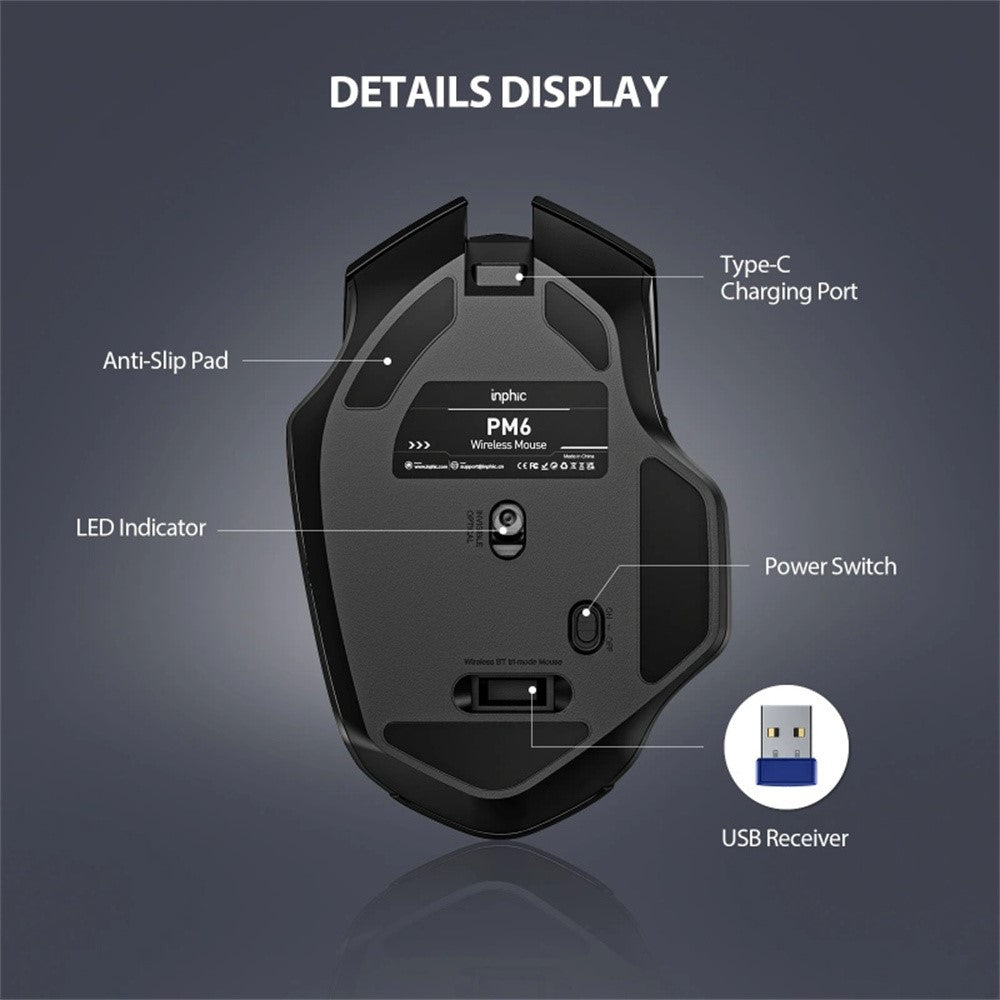 INPHIC F1 Wireless Mouse 1600DPI 6 Keys Type-C Rechargeable Mute Gaming Mouse for Home Office
