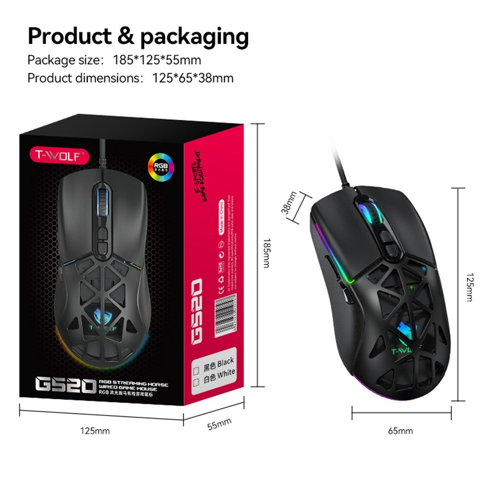 T-WOLF G520 Gaming Mouse RGB Backlit 7 Keys Programmable Mouse with Interchangeable Back Cover