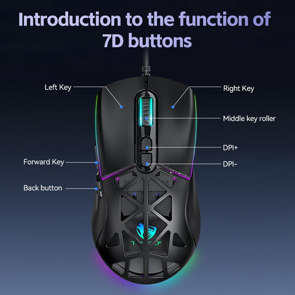 T-WOLF G520 Gaming Mouse RGB Backlit 7 Keys Programmable Mouse with Interchangeable Back Cover