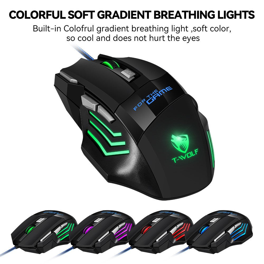 T-WOLF M1 Gaming Mouse Wired Ergonomic Design 7-Color Breathing Light for PC Gaming