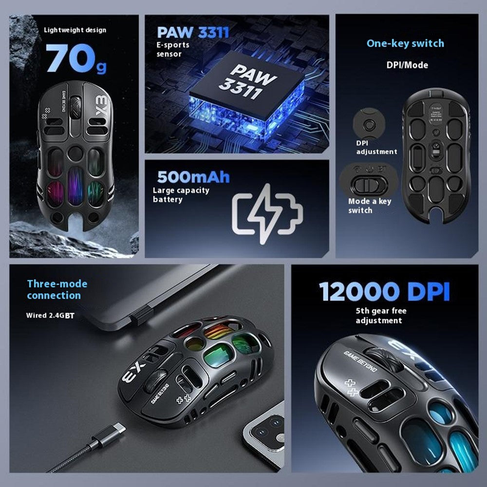 T-WOLF X3 Gaming Mus Trådløs BT Tre-Tilstand Hul Design RGB Baggrundsbelyst Mekanisk Mus Til Esport