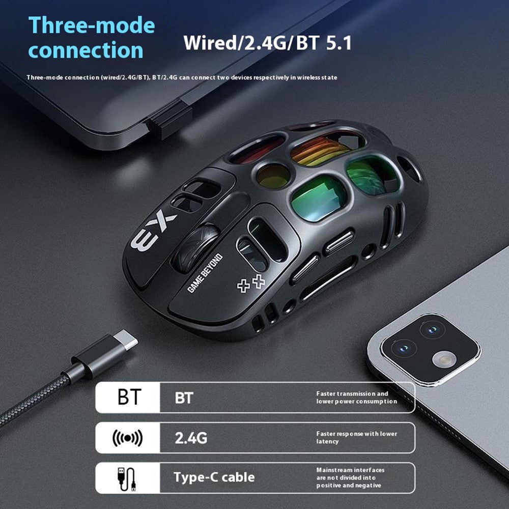T-WOLF X3 Gaming Mus Trådløs BT Tre-Tilstand Hul Design RGB Baggrundsbelyst Mekanisk Mus Til Esport