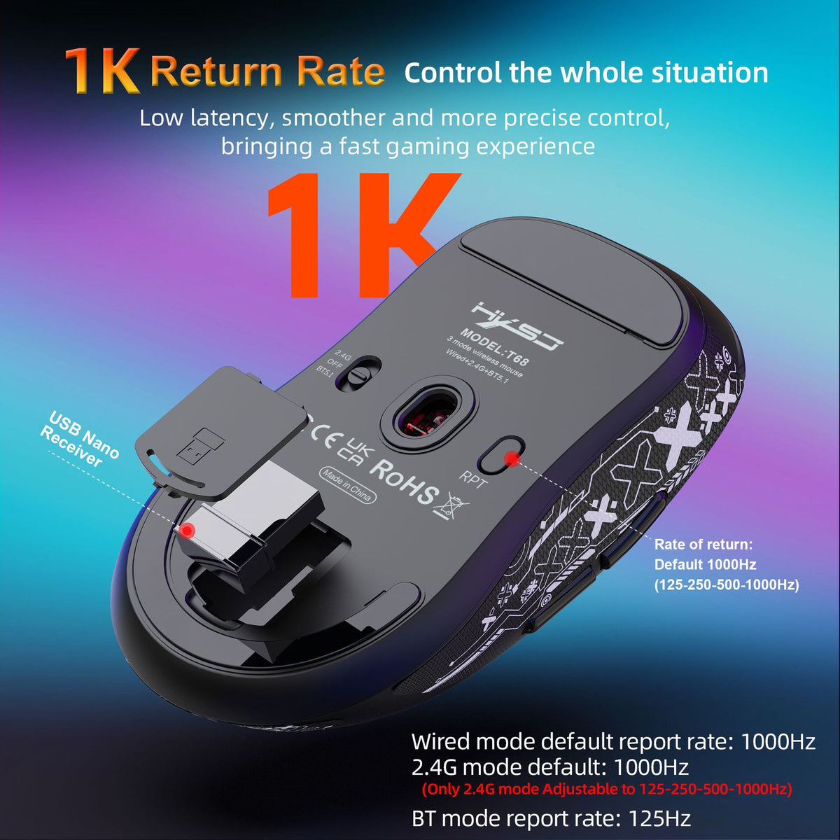 HXSJ T68 2.4G Wireless / Wired / Bluetooth-compatible 3 Modes Gaming Mouse 12000 DPI Ultra Light Rechargeable Mouse