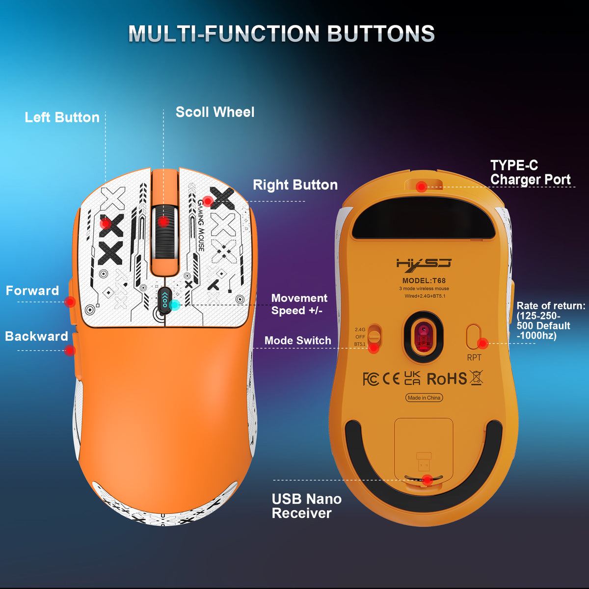 HXSJ T68 2.4G Wireless / Wired / Bluetooth-compatible 3 Modes Gaming Mouse 12000 DPI Ultra Light Rechargeable Mouse
