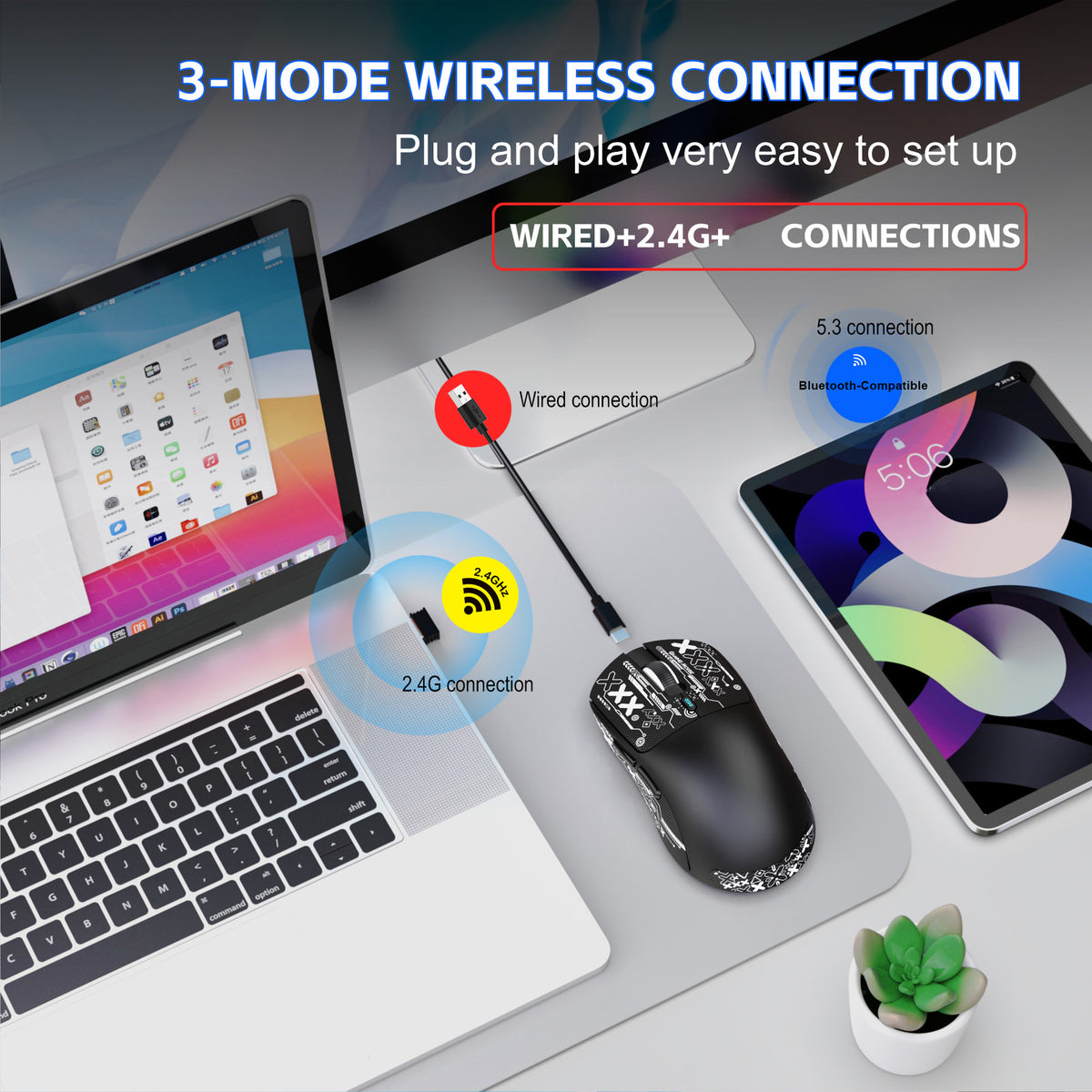 HXSJ T68 2.4G Wireless / Wired / Bluetooth-compatible 3 Modes Gaming Mouse 12000 DPI Ultra Light Rechargeable Mouse