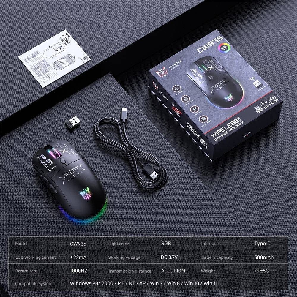 ONIKUMA CW935 Three Mode Gaming Mouse RGB 12800 DPI Bluetooth-compatible Wireless 2.4G Mouse