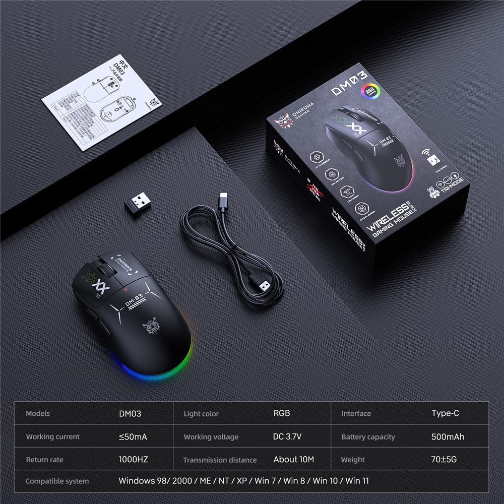 ONIKUMA DM03 Gaming Mouse Wireless 2.4G Bluetooth-compatible Wired 3-Mode 12000DPI Rechargeable Mice for PC Gaming Office