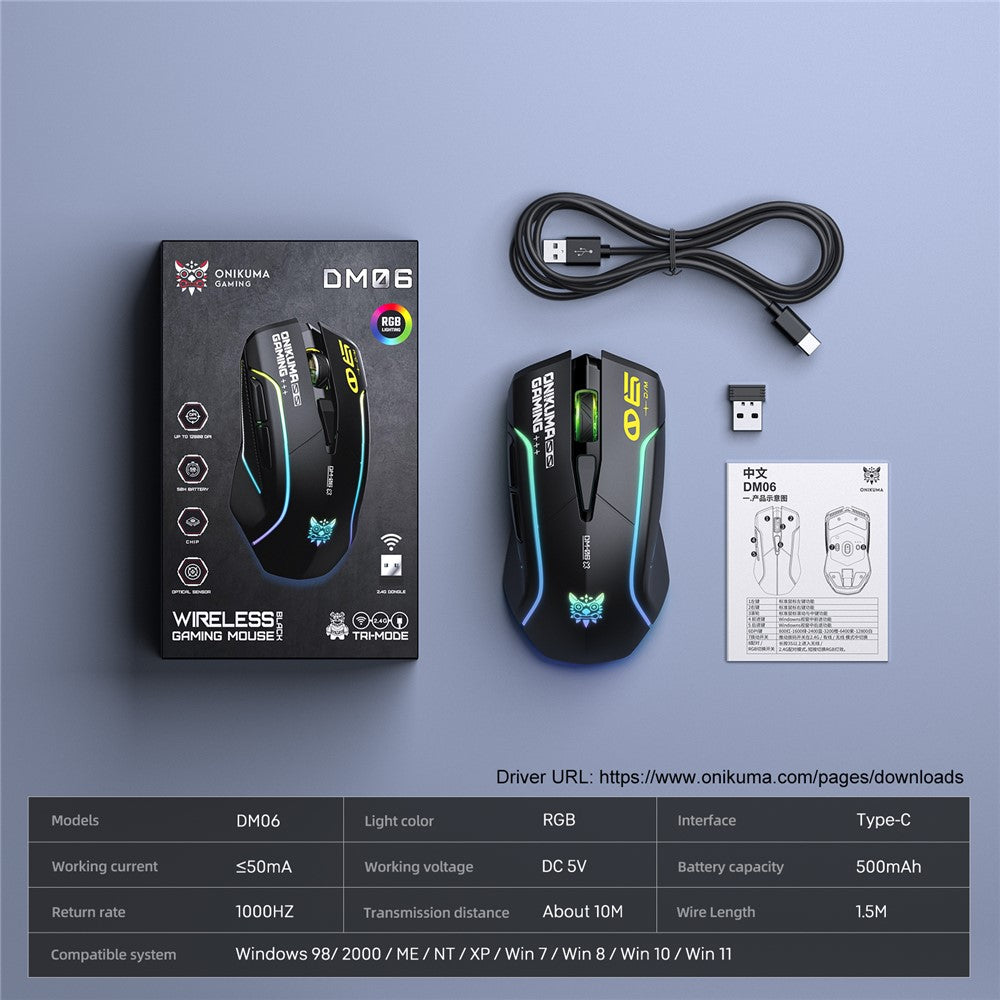 ONIKUMA DM06 Gaming Mus 3-Mode Trådløs Bluetooth-kompatibel 2.4G Kablet 12800 DPI RGB PC Mus
