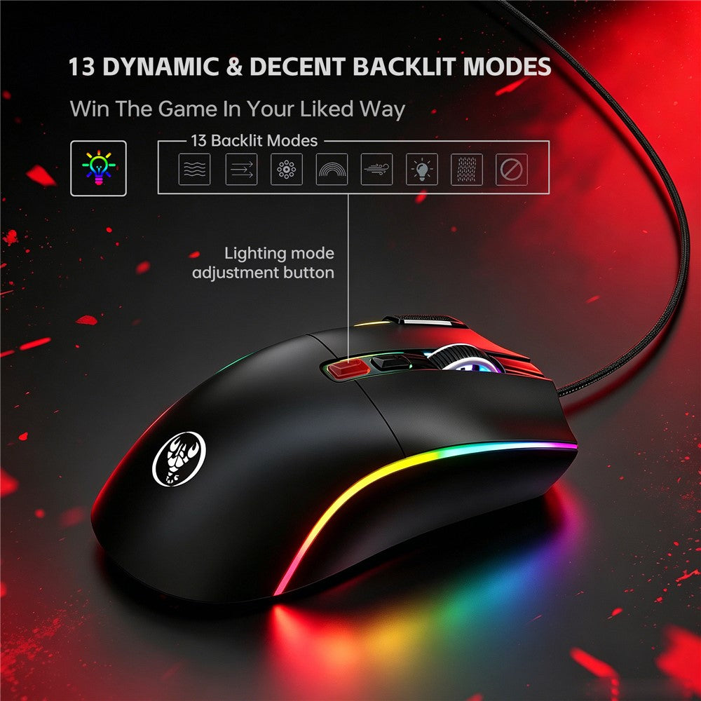 HXSJ X1 RGB Gamingmus med 8 programmerbare taster 7200 DPI kablet mus til gaming og kontorbrug