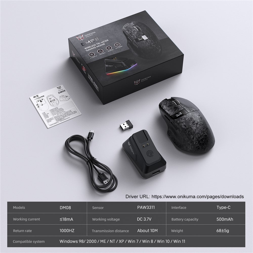 ONIKUMA DM08 Trådløs Tri-Mode Gaming Mus 2.4G Bluetooth-kompatibel Type-C OLED-skærm med RGB-opladerbase