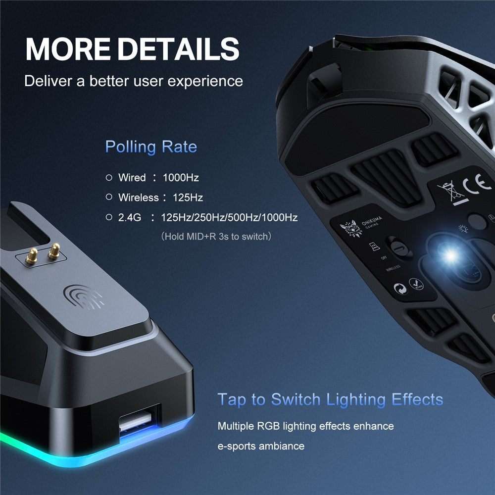 ONIKUMA DM09 Tri-Mode Wireless Gaming Mouse Hollow Design with RGB Magnetic Charging Base