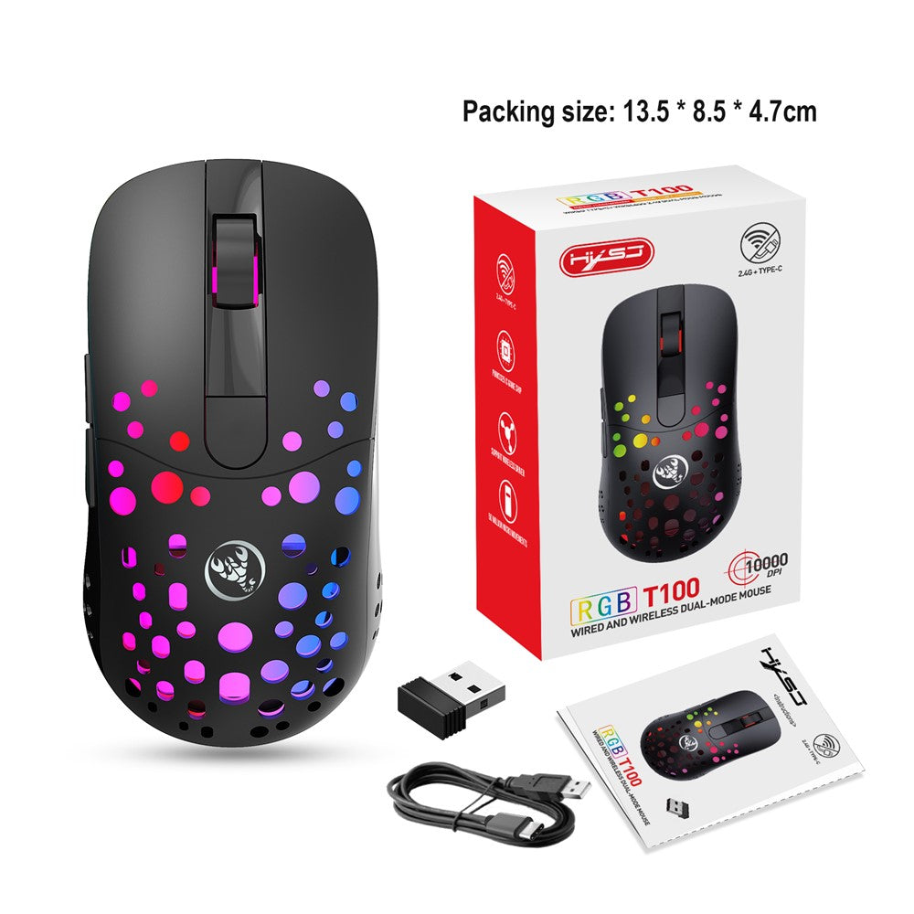 HXSJ T100 RGB Macro Programmable Dual Mode Wireless/Wired Gaming Mouse 10000 DPI Rechargeable Mice