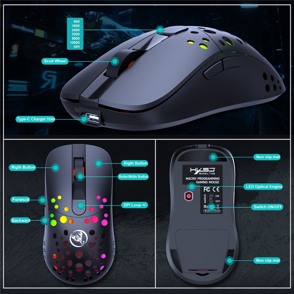HXSJ T100 RGB Macro Programmable Dual Mode Wireless/Wired Gaming Mouse 10000 DPI Rechargeable Mice