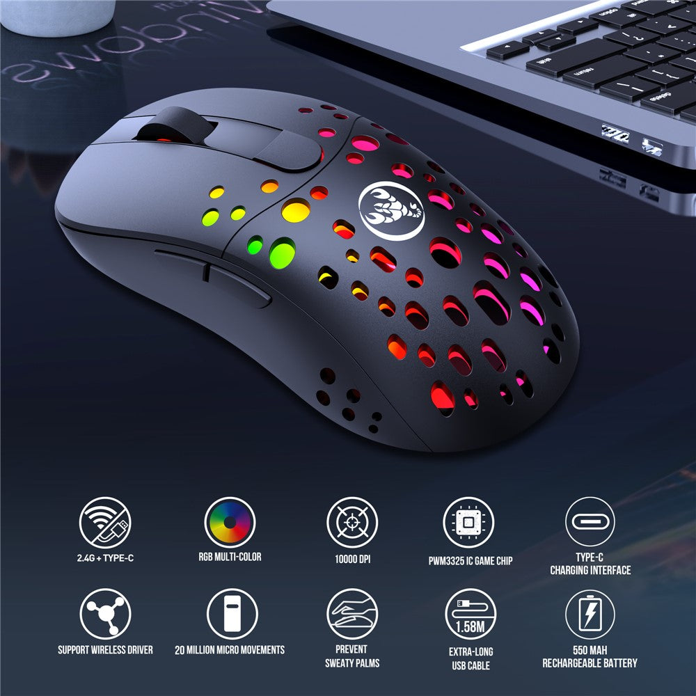 HXSJ T100 RGB Macro Programmable Dual Mode Wireless/Wired Gaming Mouse 10000 DPI Rechargeable Mice