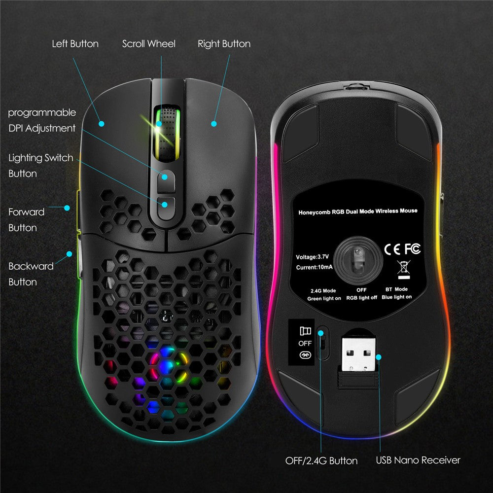 2.4G Bluetooth-compatible Dual Mode Honeycomb Shell Wireless Mouse with RGB Backlit for Laptop PC Computer