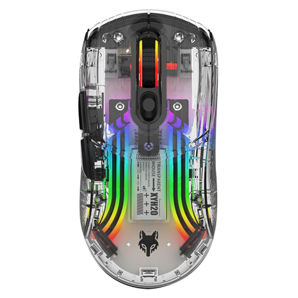 XYH20 2.4G+BT5.0+Wired Three Modes Transparent Mechanical Mouse 5-Speed DPI 7 Keys Gaming Mouse with RGB Light