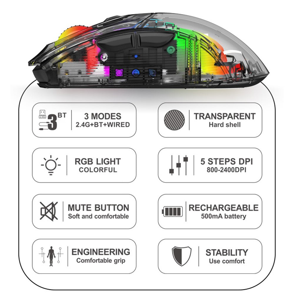 XYH20 2.4G+BT5.0+Wired Three Modes Transparent Mechanical Mouse 5-Speed DPI 7 Keys Gaming Mouse with RGB Light