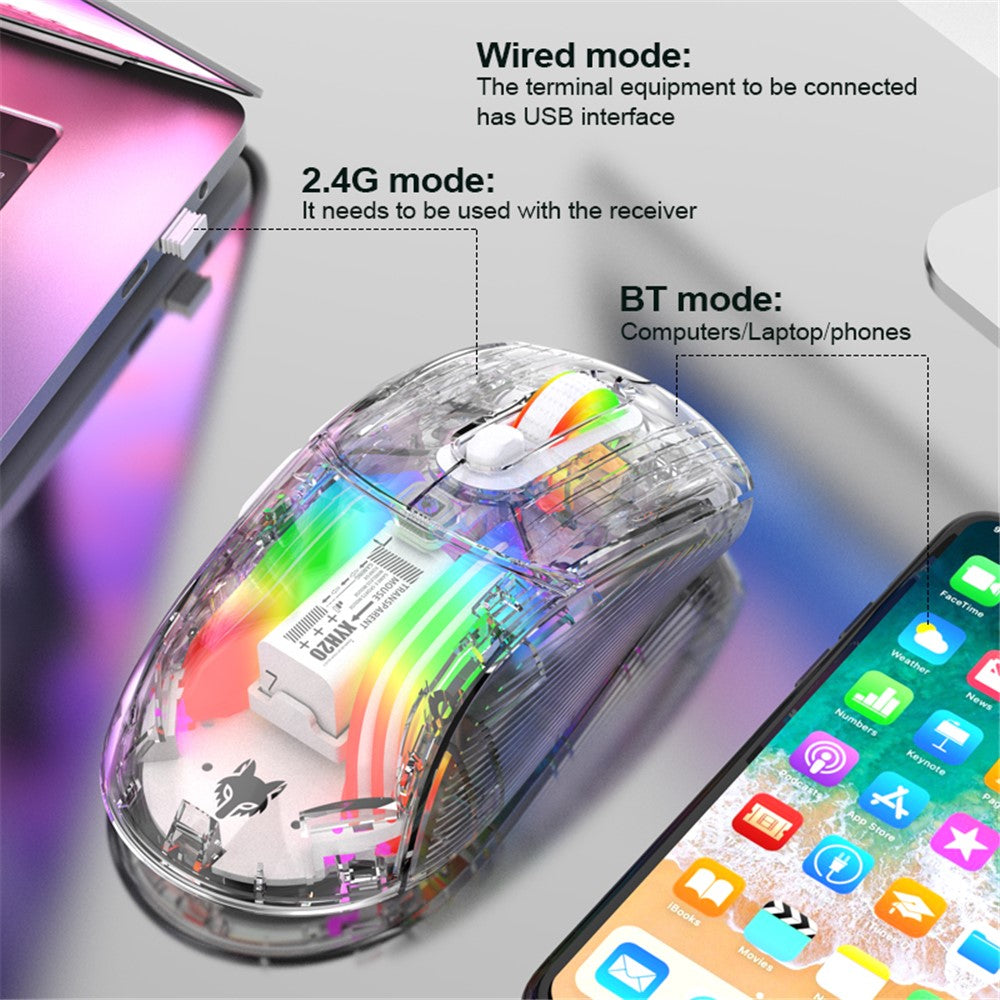 XYH20 2.4G+BT5.0+Wired Three Modes Transparent Mechanical Mouse 5-Speed DPI 7 Keys Gaming Mouse with RGB Light