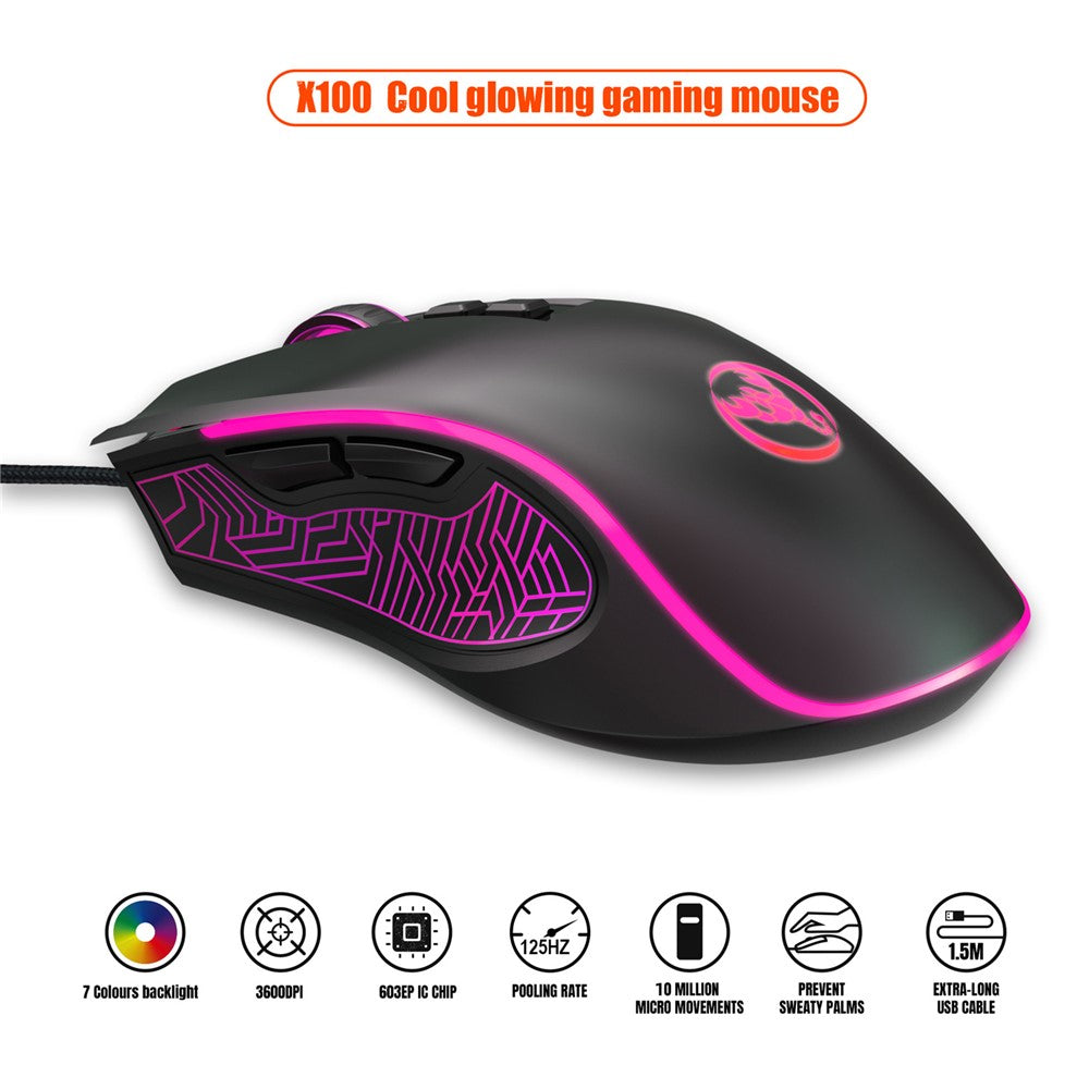 HXSJ X100 USB Wired Gaming Mouse 3600DPI Colorful Light Computer Laptop Mice