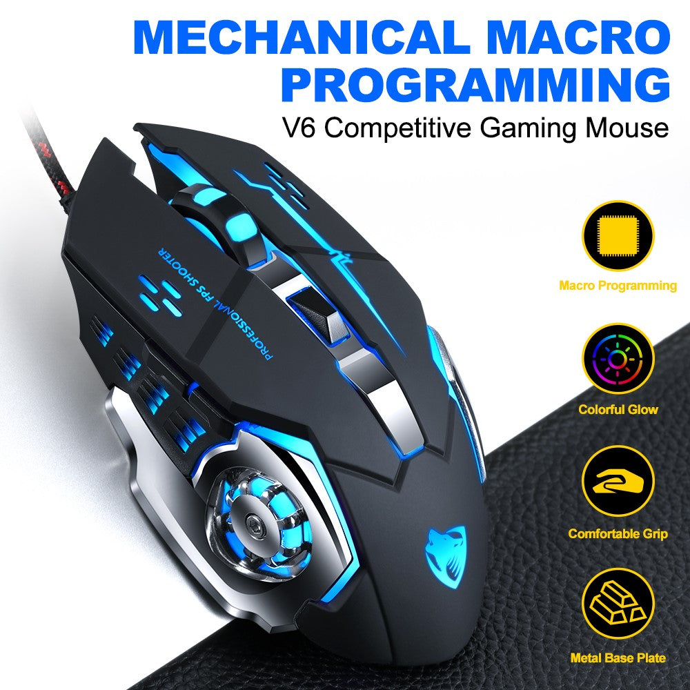 T-WOLF V6 USB Wired Mouse 6 Buttons Luminous Mechanical Computer Mouse