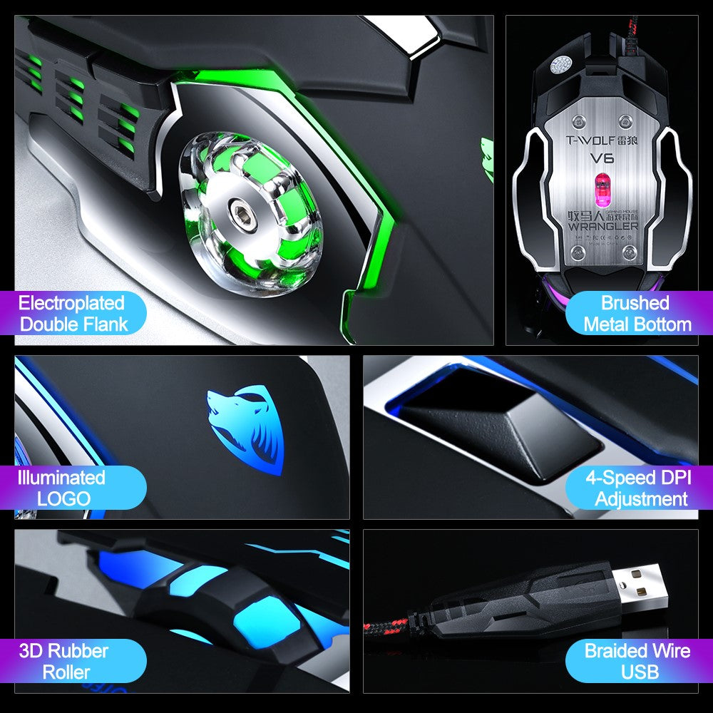 T-WOLF V6 USB Wired Mouse 6 Buttons Luminous Mechanical Computer Mouse